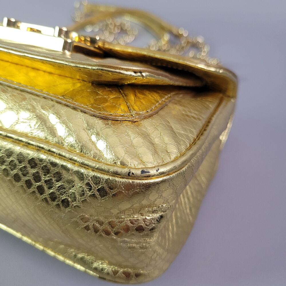 Michael Kors Mini Handbag Gold Snakeskin Embossed Chain Strap - Picture 11 of 15